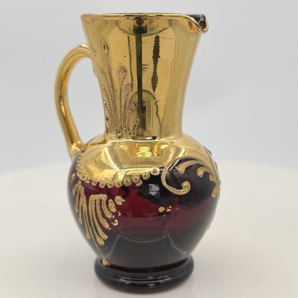 Vintage Murano Tre Fuochi Ruby Red Gold Miniature Pitcher Hand Painted 4" - Picture 4 of 11